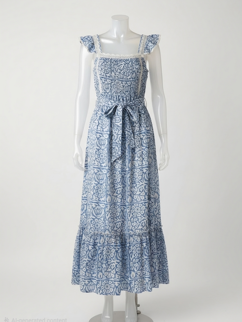 Roller Rabbit Blue and White Printed Tie-Waist Maxi Dress